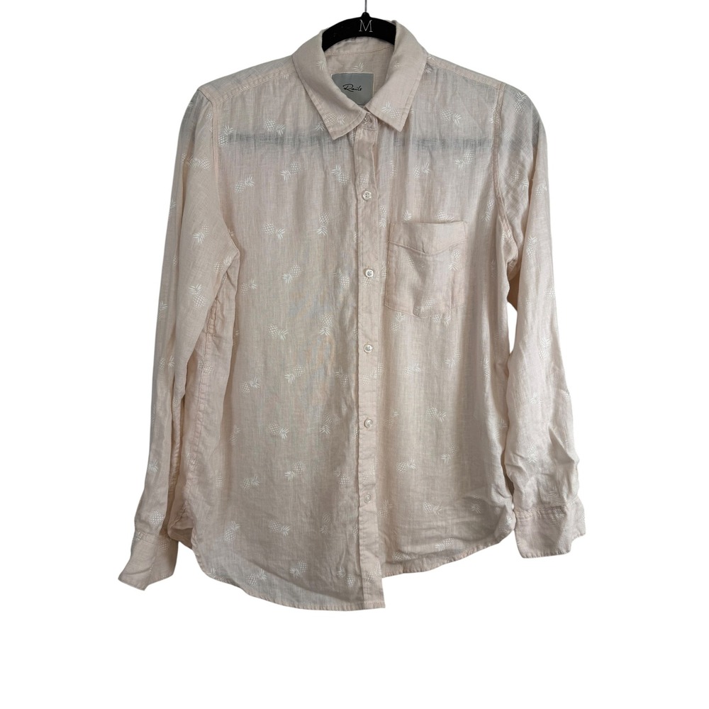 Rails Women Peach Pineapple Print Linen Blend Button Down Shirt Long Sleeve